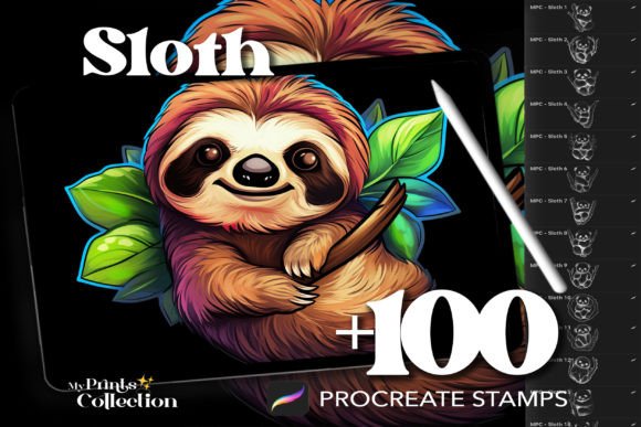 100 Procreate Sloth Stamps for Digital Art