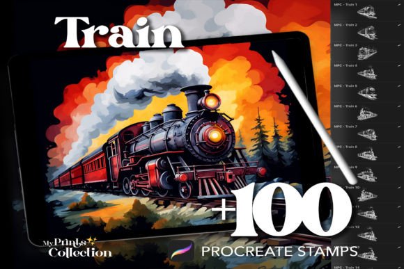 100 Procreate Train Stamps for Digital Art