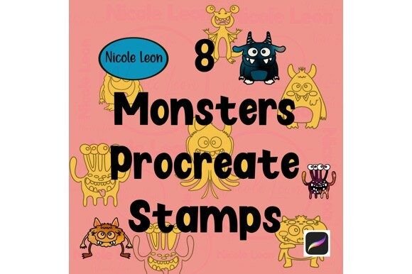 8 Cute Monsters Procreate Digital Stamps